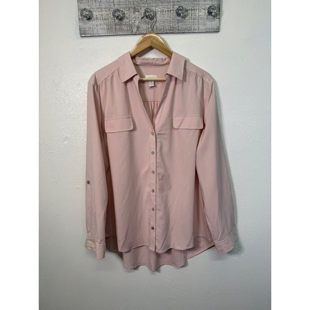 Chicos Size 3 Blush Pink Classic Button Down Blouse Roll Tab Sleeves Workwear